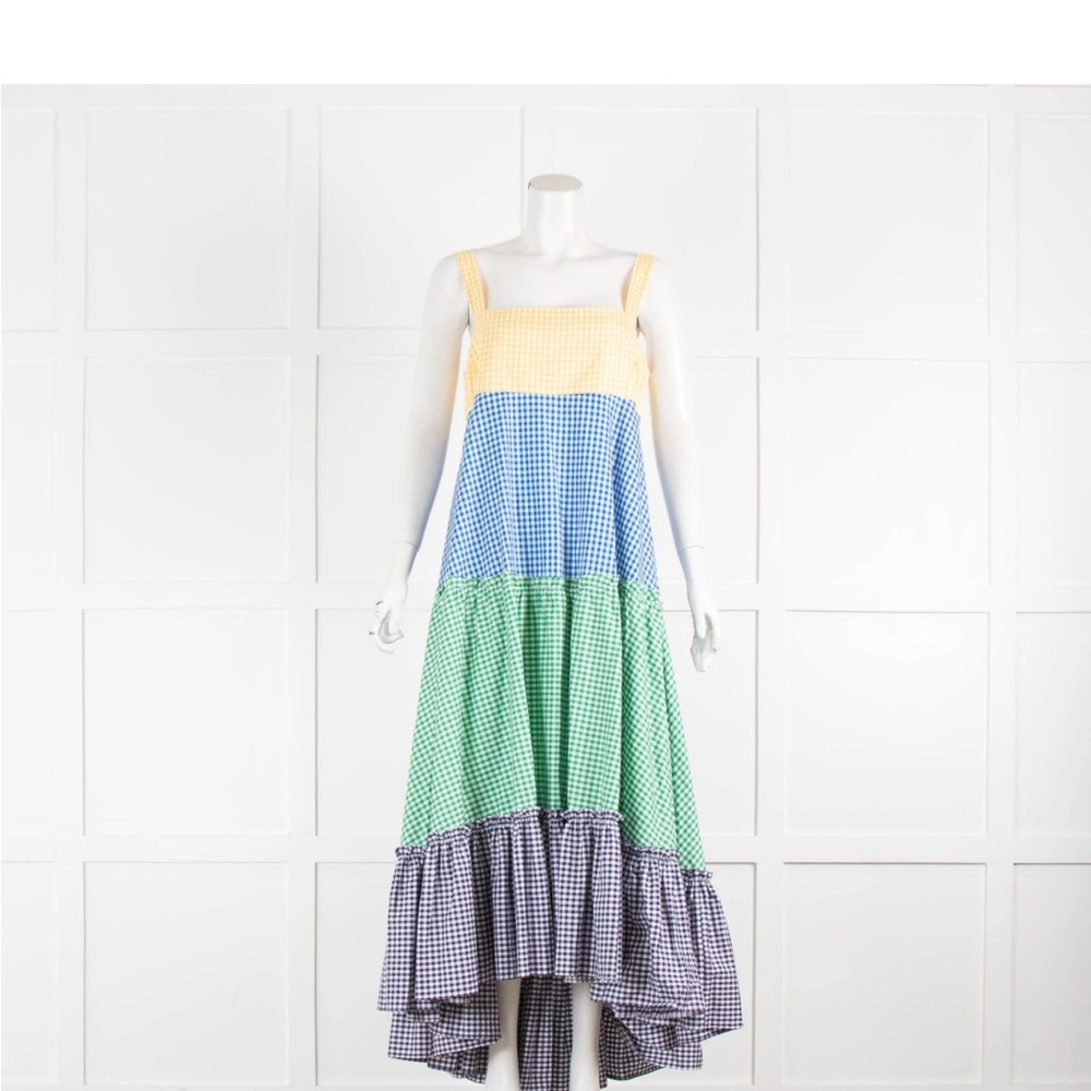 MDS Stripes Yellow Blue Green Gingham Tiered Maxi Dress 4 - Picture 7 of 16